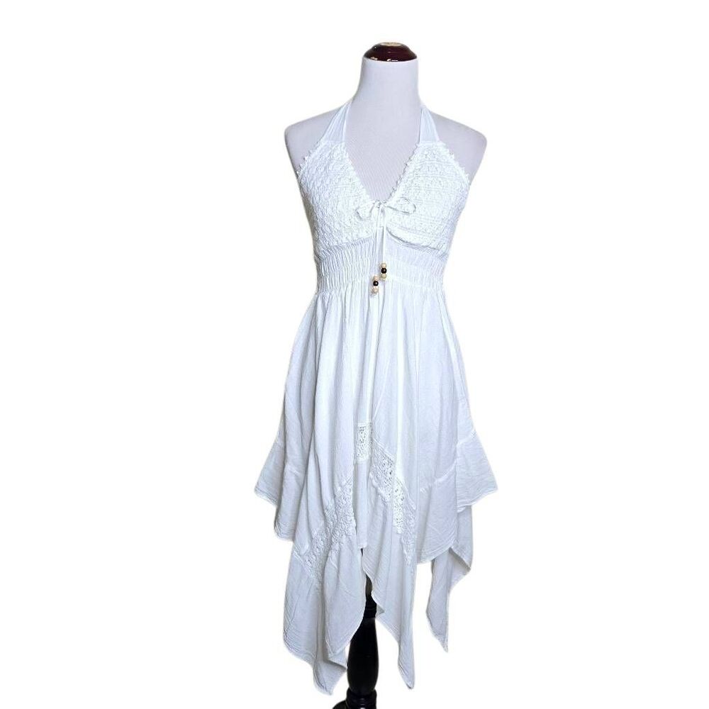 Tendencias Maya White 100% Cotton Crochet Halter Asymmetrical Dress Cover Up L